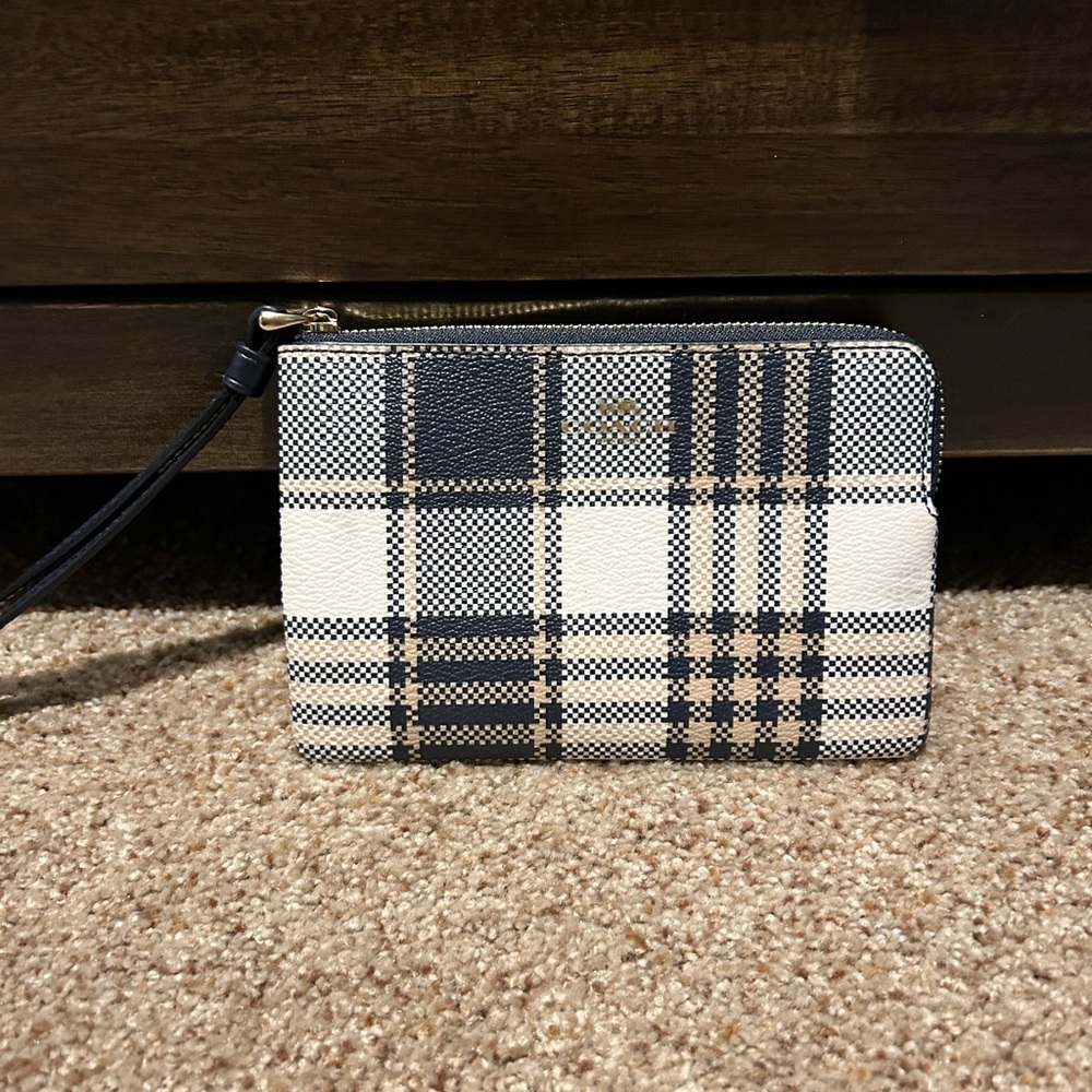 Coach blue, cream, and light yellow plaid wristlet
